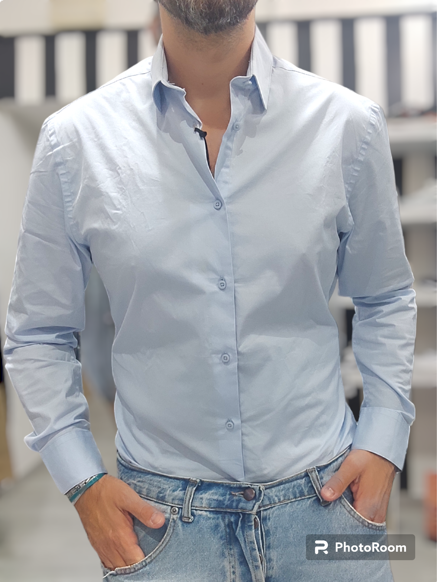 CAMICIA BASICA OVER-D COLLO FRANCESE CELESTE