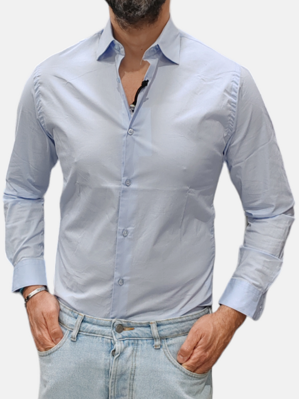 CAMICIA BASICA OVER-D COLLO FRANCESE CELESTE