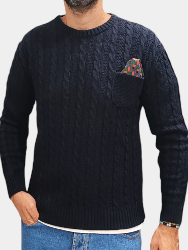 MAGLIONE TRECCE AKIRO CON POCHETTE  COL. BLU