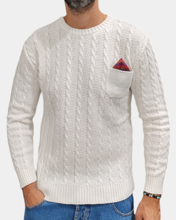 MAGLIONE TRECCE AKIRO CON POCHETTE  COL. BIANCO