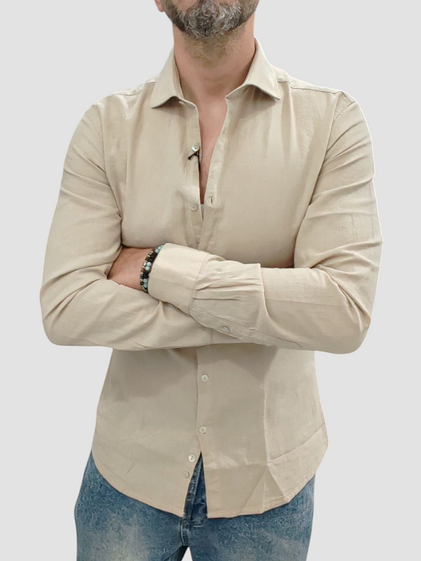 CAMICIA LINO BLACKSUNDAY COLLO FRANCESE COL. BEIGE MANICA LUNGA
