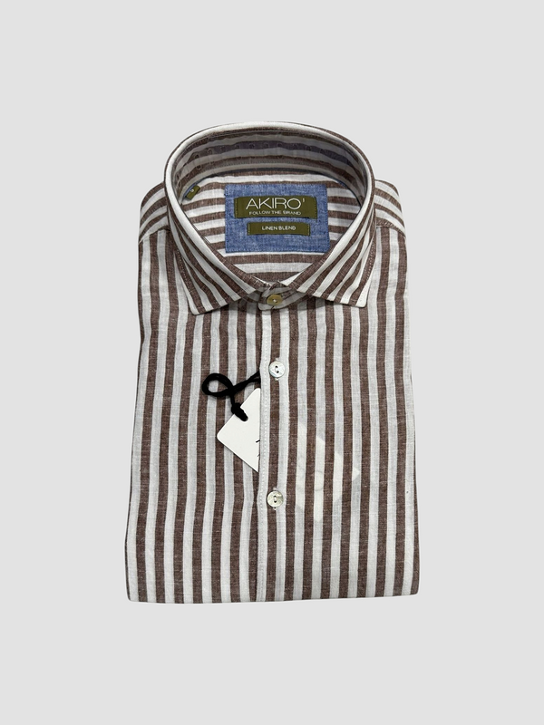 CAMICIA LINO AKIRO COLLO FRANCESE RIGA MARRONE MANICA LUNGA