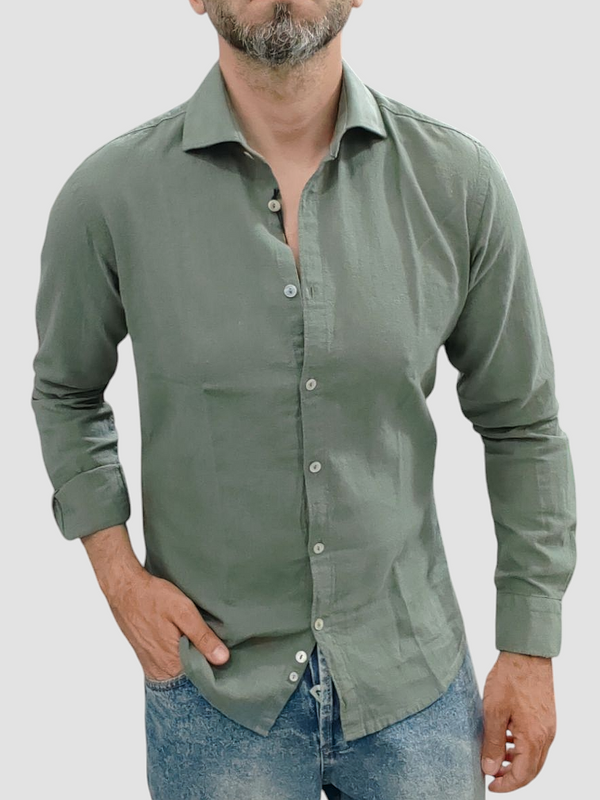 CAMICIA LINO BLACKSUNDAY COLLO FRANCESE COL. VERDE MILITARE MANICA LUNGA