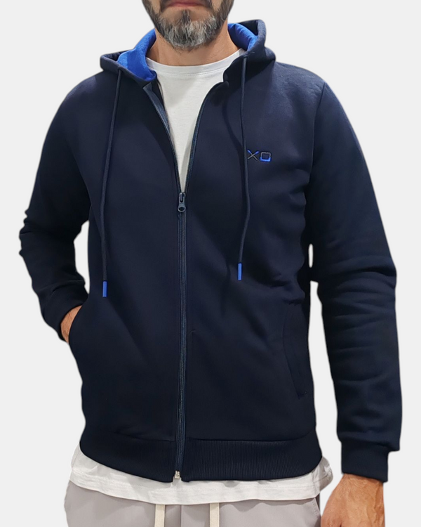 FELPA XO ZIP + CAPPUCCIO COL.BLU