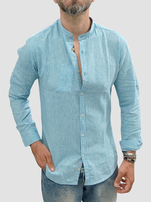 CAMICIA LINO BLACKSUNDAY COLLO KOREANO COL. AZZURRA  MANICA LUNGA