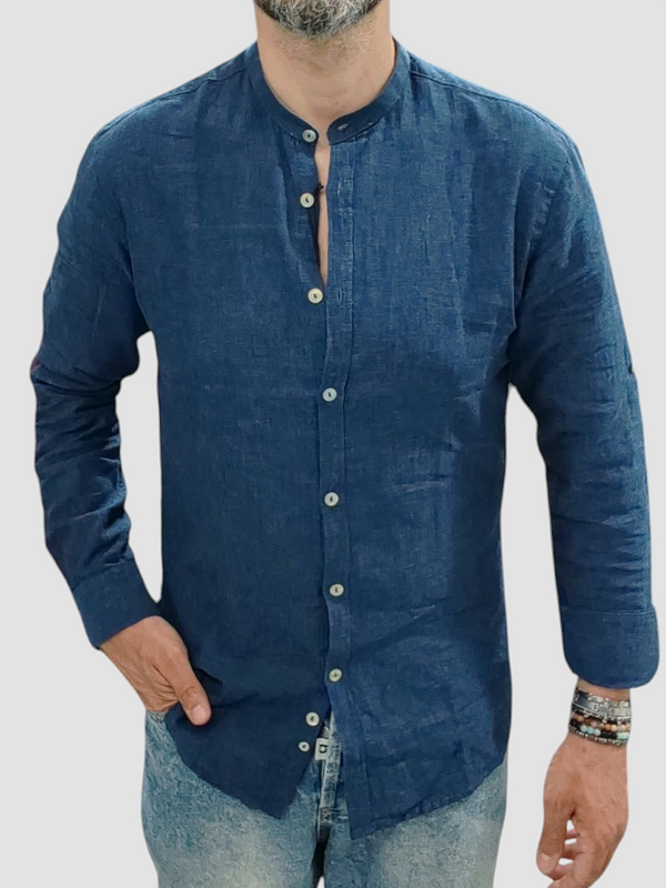 CAMICIA LINO BLACKSUNDAY COLLO KOREANO COL. BLU MANICA LUNGA