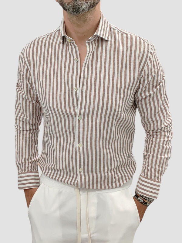 CAMICIA LINO AKIRO COLLO FRANCESE RIGA MARRONE MANICA LUNGA