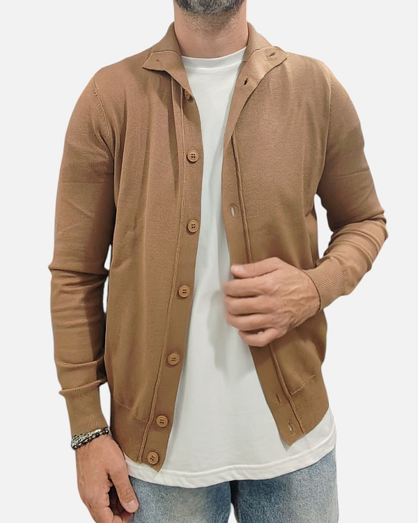 CARDIGAN CON BOTTONI GRIFFAI COLLO KOREANO FINEZZA 12 COL. CAMMELLO