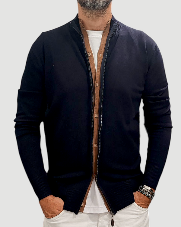 MAGLIONE CARDIGAN LUPETTO ZIP BICOLORE GRIFFAI CON BOTTONI COL. BLU/CAMMELLO