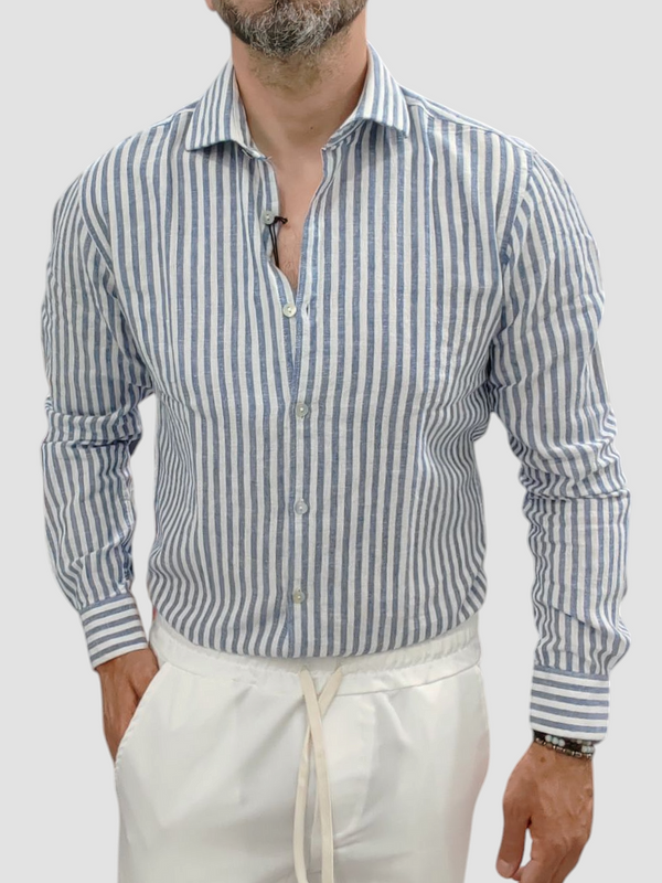 CAMICIA LINO AKIRO COLLO FRANCESE RIGA BLU MANICA LUNGA