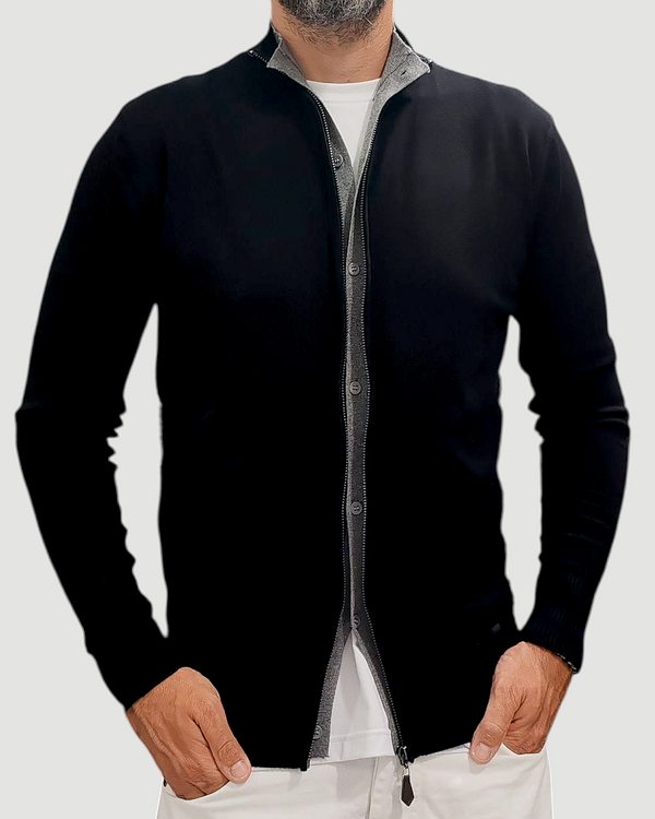 MAGLIONE CARDIGAN LUPETTO ZIP BICOLORE GRIFFAI CON BOTTONI COL. NERO/GRIGIO